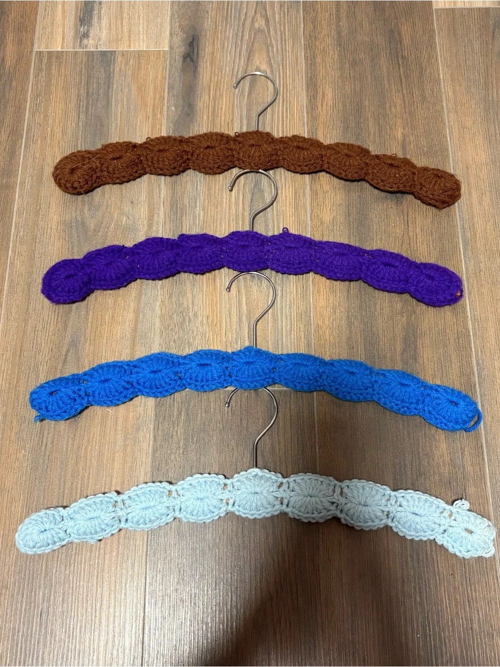 Hand Made Crochet Clothes Hangers Yarn Covered Wooden Lot of 4 Multicolor